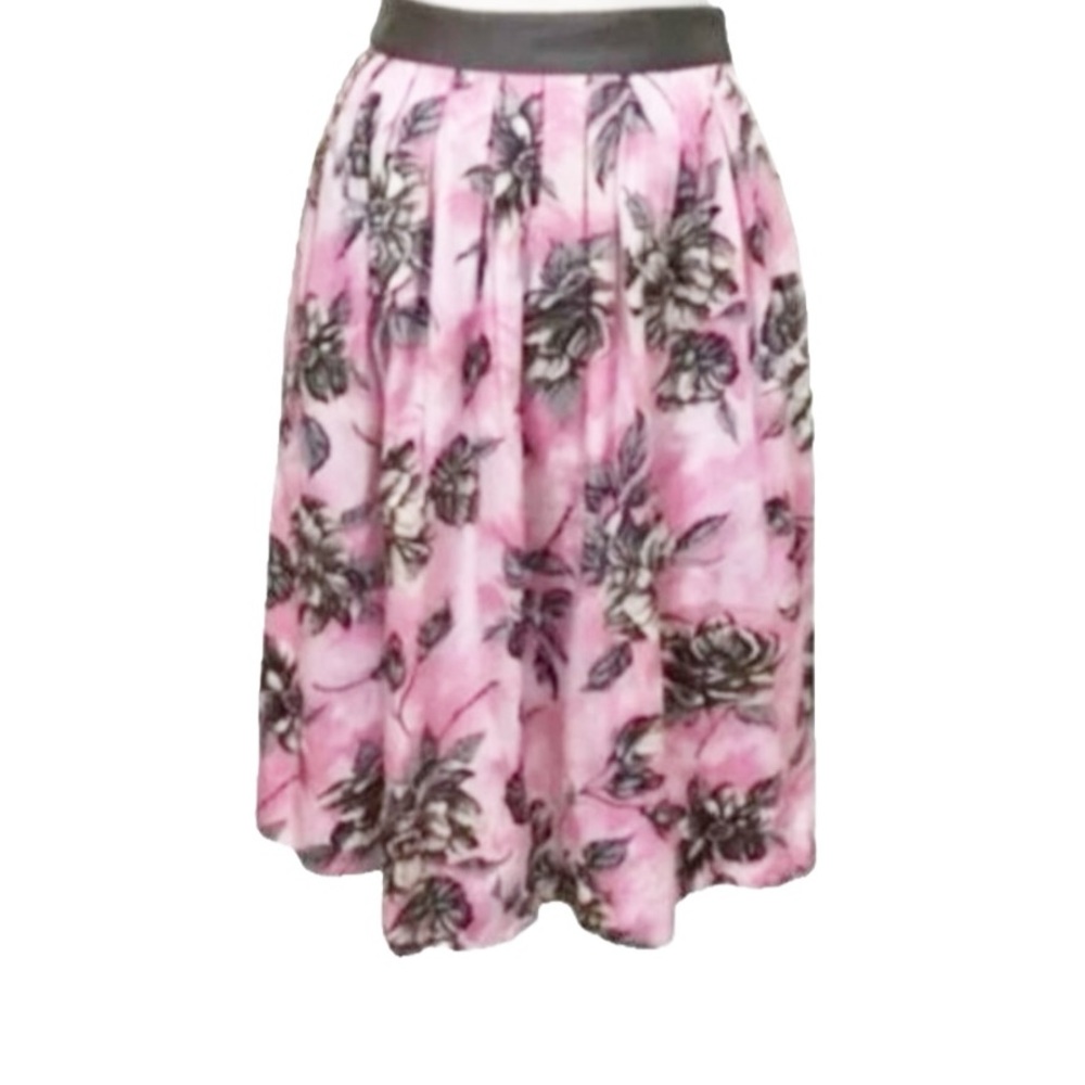 Odille For Anthropologie Pink Floral Pleated A-Line Skirt Contrasting Waistband